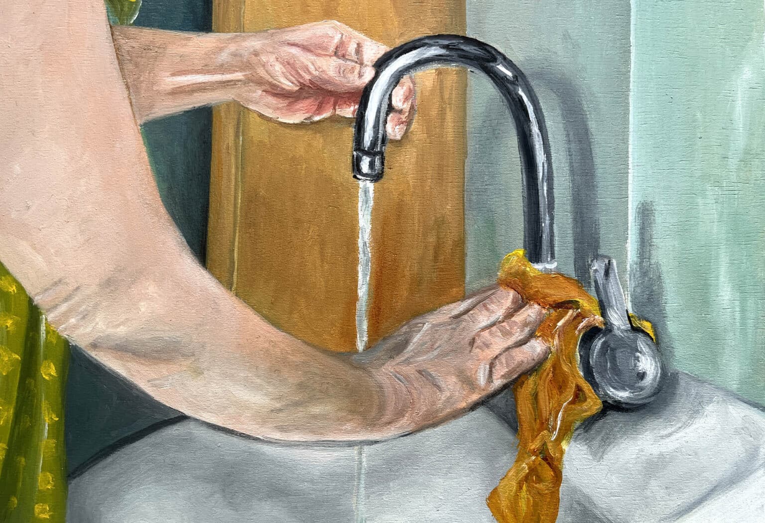 69 handverlesen, Waschbecken putzend, 2024, Öl auf Multiplex, 21x30x6,5
